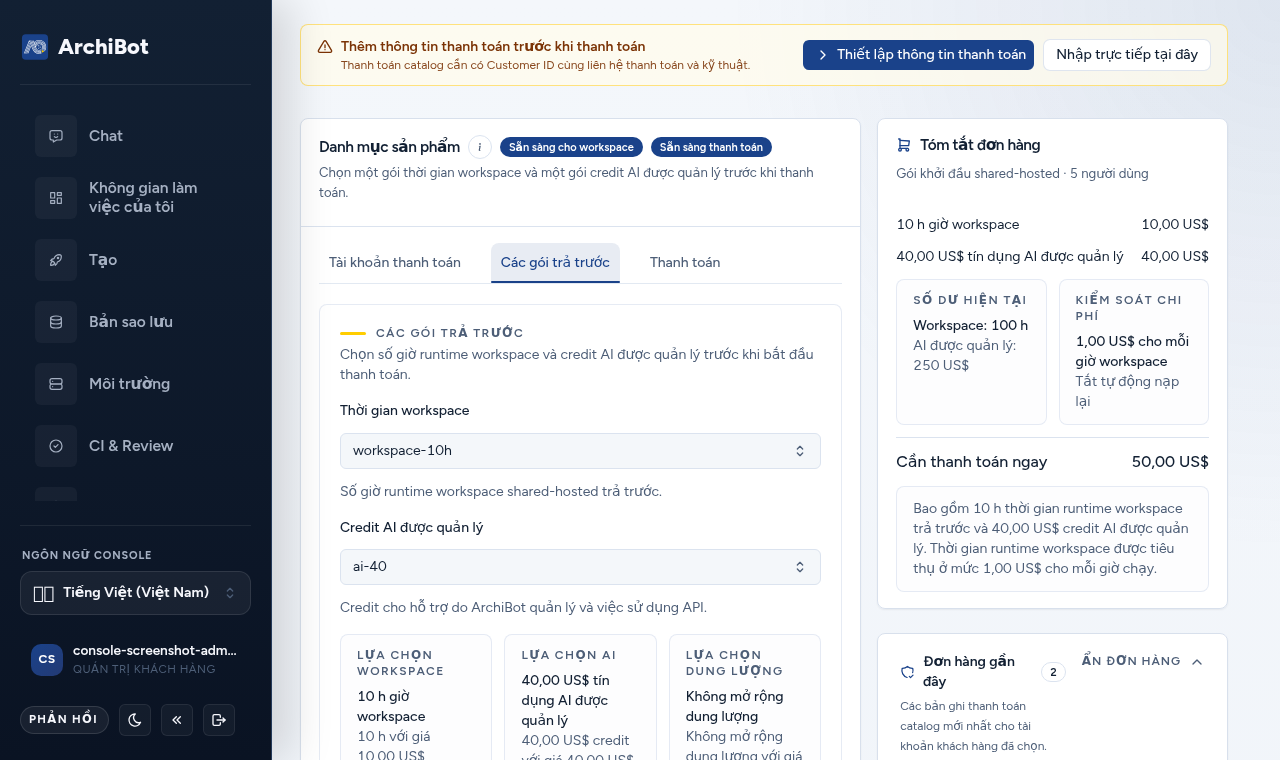 Console Product Catalog với các huy hiệu readiness và payment, các tab Billing account, Prepaid packs, và Checkout, cùng thanh bên tóm tắt đơn hàng.