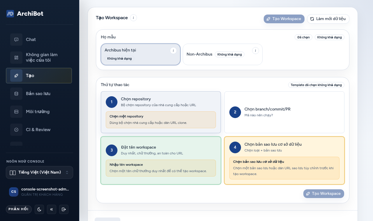 Trang Create của Console với bộ chọn Template family, thẻ Order of operations và bốn tab Create (Repo + Git, Runtime target, Database, Integrations).