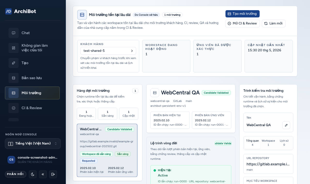 Persistent Environments do Console hiển thị với hàng đợi môi trường, các phiên bản ứng viên, và inspector trên dữ liệu an toàn.
