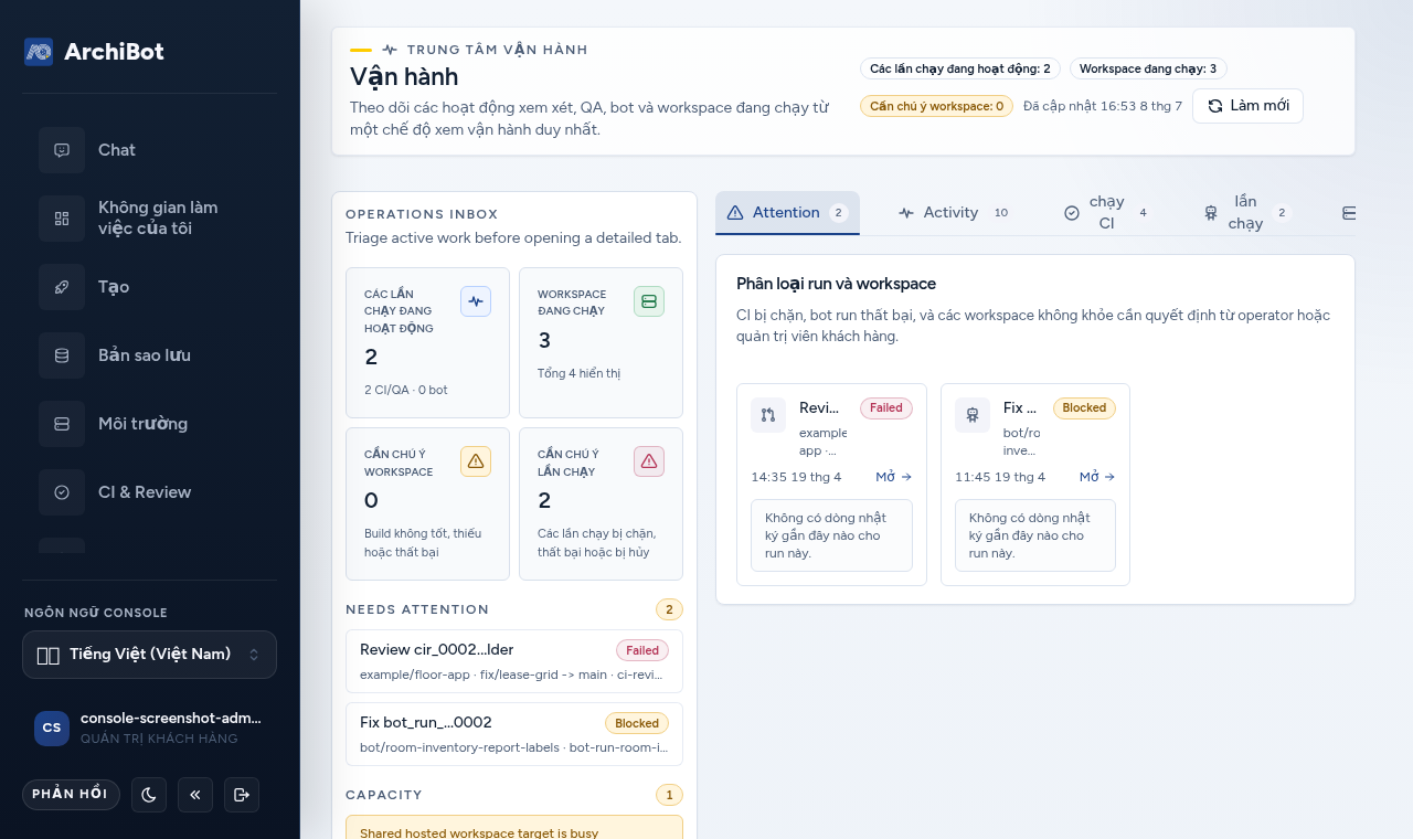 Trung tâm Operations của Console hiển thị thanh bên inbox, dải tab và tab Attention với phân loại run và workspace trên dữ liệu an toàn.