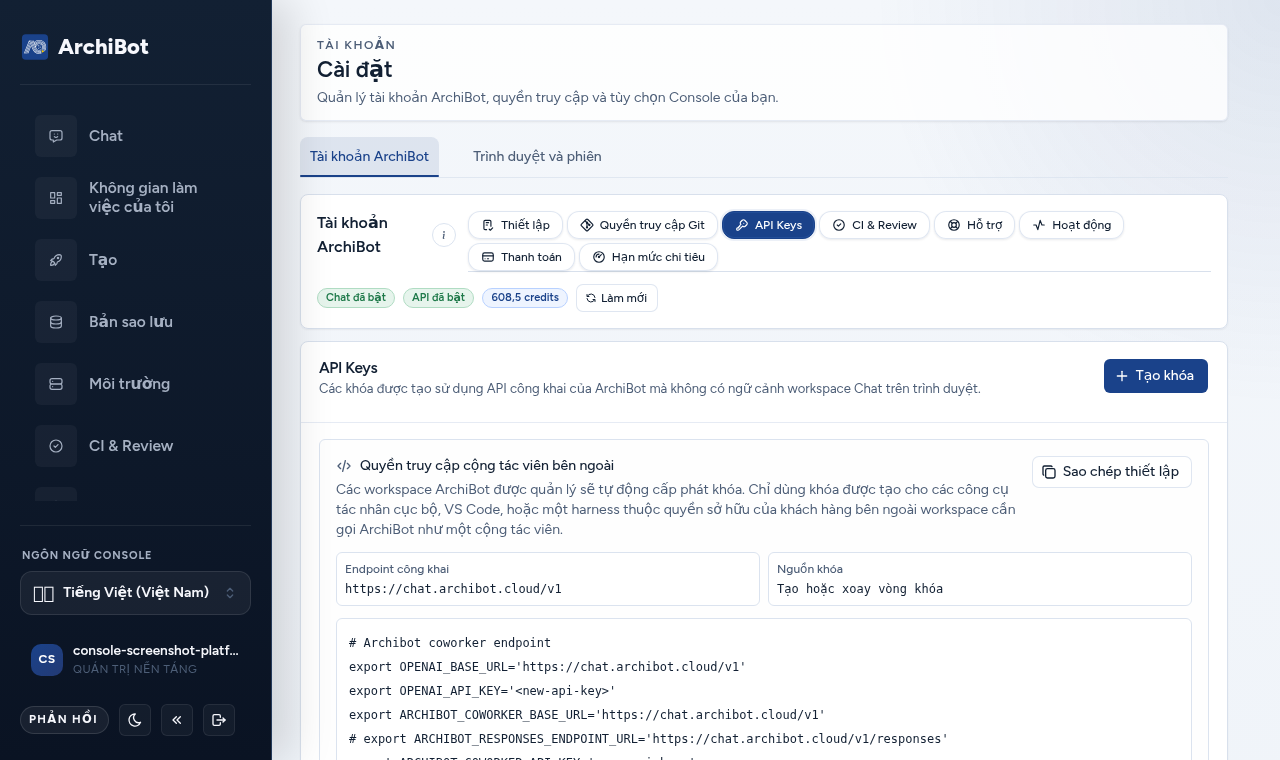 Tab Khóa API trong Settings của Console hiển thị nút Create key, thẻ External coworker access và một script thiết lập được tạo sẵn với các giá trị placeholder.