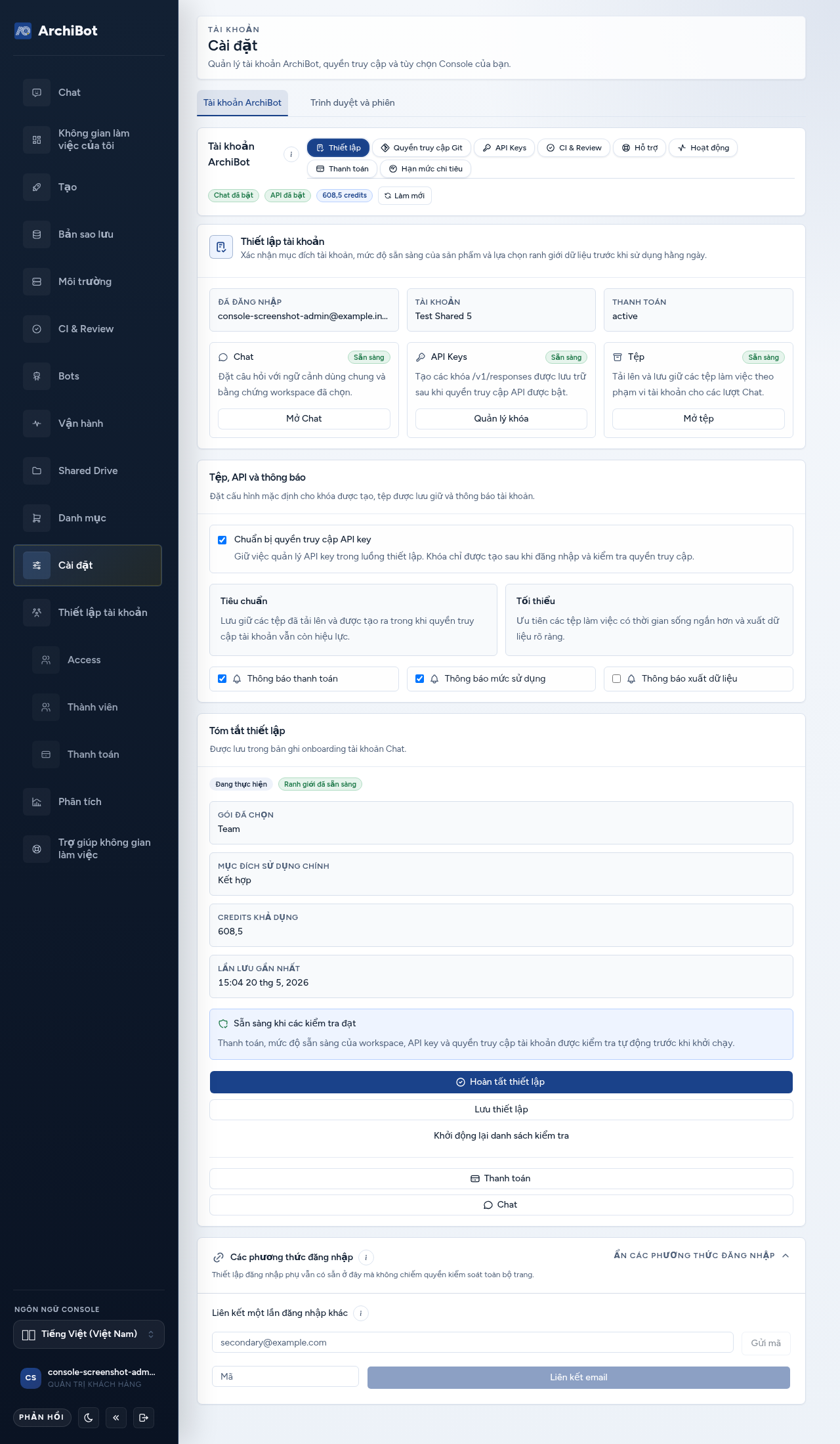 Tab Setup trong phần tài khoản ArchiBot của Settings, hiển thị thẻ Account setup, các lựa chọn gói và mục đích sử dụng, cùng bảng bên cạnh Setup summary.