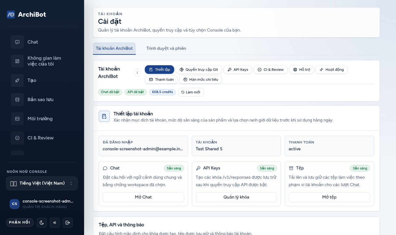 Phần tài khoản ArchiBot trong Console với các nút Setup, Git Access, API Keys, CI & Review, Support, Activity, Billing và Spending caps.
