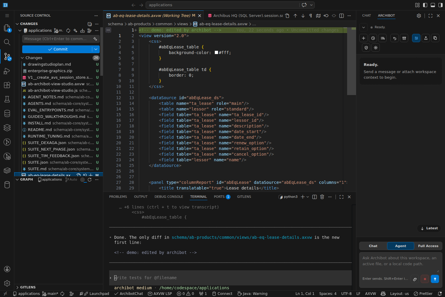 Archibot editing an Archibus view file: the change appears in the Source Control list and the bot confirms what it changed in the terminal.