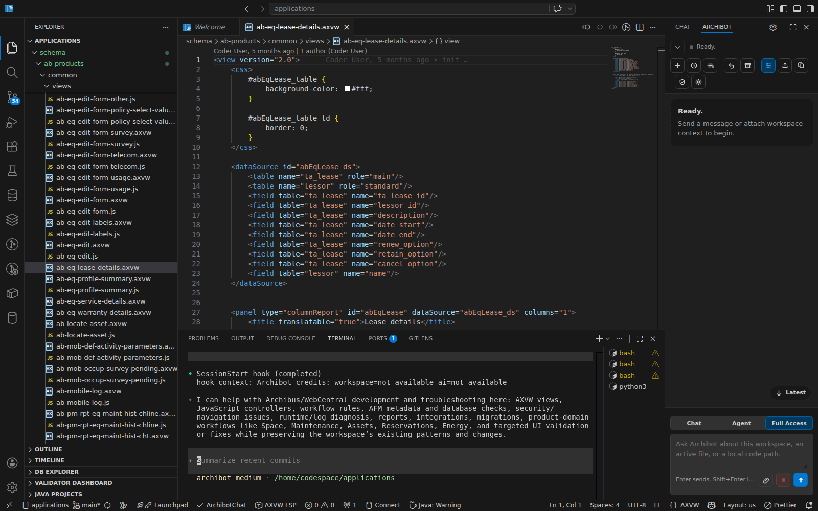 A code-server terminal where the workspace bot, started with archibot start, answers what Archibus tasks it can help with; the Archibot panel is docked on the right.
