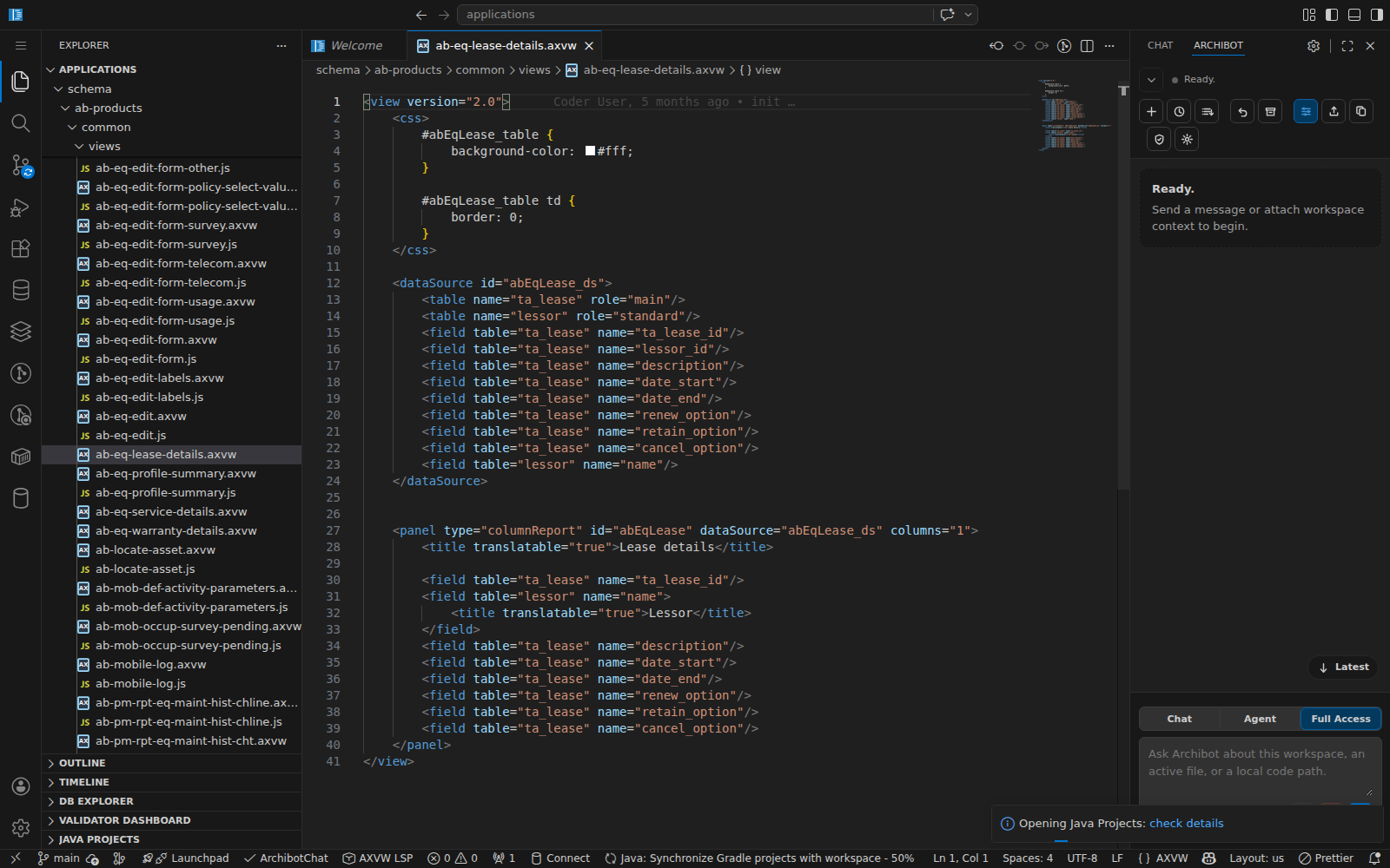 code-server with an Archibus AXVW view open, the file tree of views on the left, and the Archibot assistant panel docked on the right.